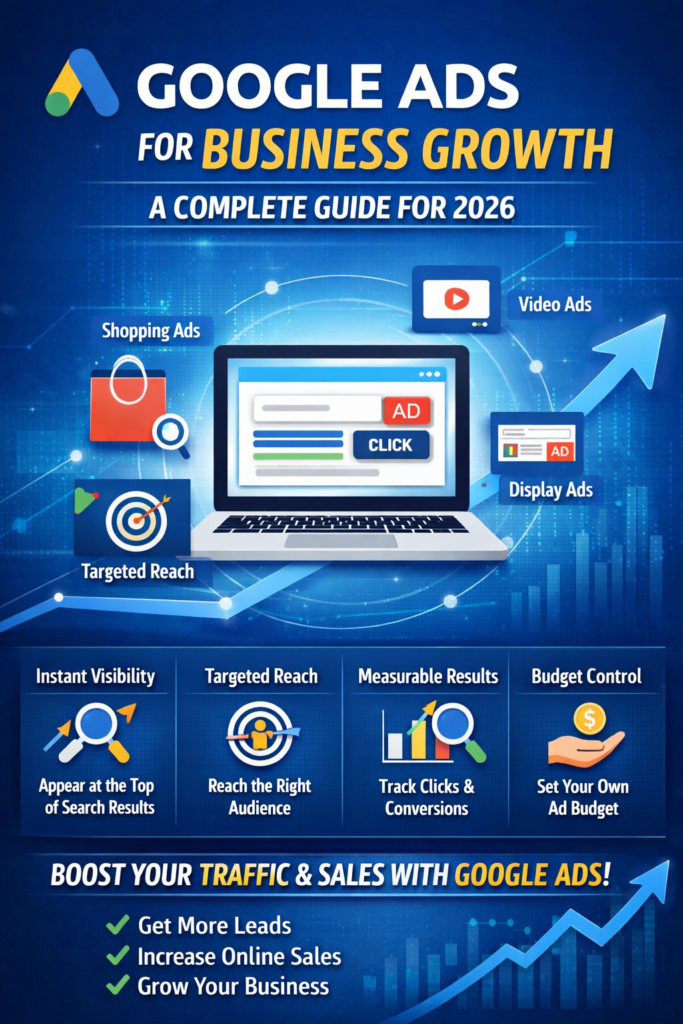 Google Ads for Business Growth infographic showing ad types like search, display, shopping, and video ads with benefits such as instant visibility, targeted reach, measurable results, and budget control to boost website traffic and sales.